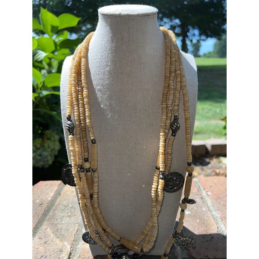 Bohemian Bone Multi-strand and Metal Coin Necklace -- 30"